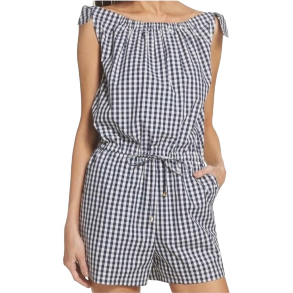 Tory Burch Navy White Gingham Tie Strap Cotton Romper NWT L